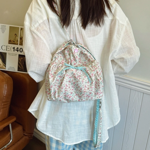 Women Floral Canvas Backpack Pastoral Style Drawstring Bag With Bow Detail For Daily Travel Lightweight Fashion Shoulder Bag