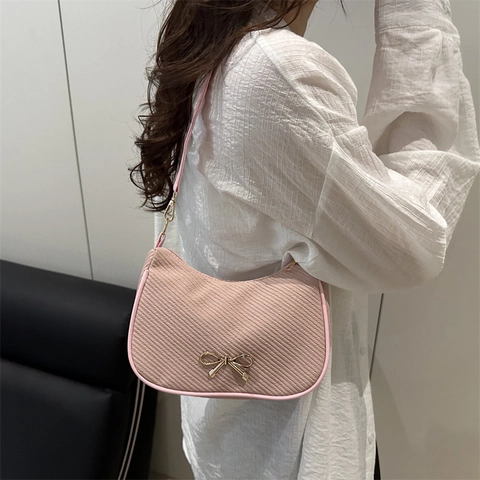 French Retro Women PU Underarm Shoulder Bag Fashion Bow Decoration Twill Texture Hobo Handbag Small Square Daily Purse