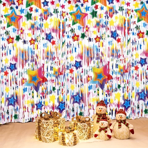 Regenbogen Pentagramm Stern Folie Fransenvorhang PET Flitter Quaste Hintergrund Für Geburtstag Party Hochzeit Weihnachten Dekoration