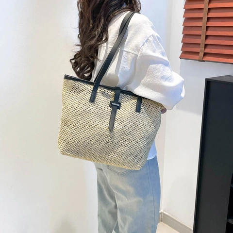 Schicke Strohgewebte Tote Bag Für Damen Große Kapazität Sommer Strand Umhängetasche PU Lederbesatz Lässige Mode Handtasche
