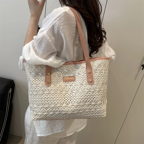 Damen Große Kapazität Gewebte Spitze Tote Bag Hohl Schultertasche mit PU Lederriemen Sommer Strand Mode Handtasche