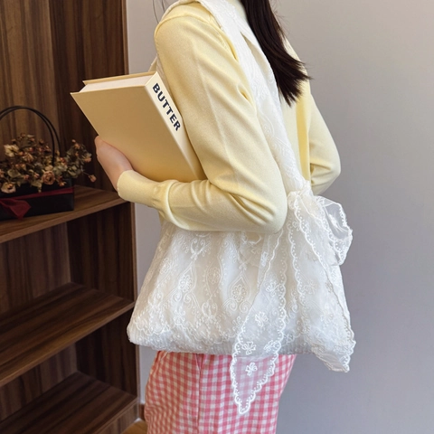 Borsa Tote in Pizzo Bianco Retrò Francese da Donna Ricamo Floreale Grande Capacità Borsa a Tracolla Con Fiocco Borsa da Spiaggia