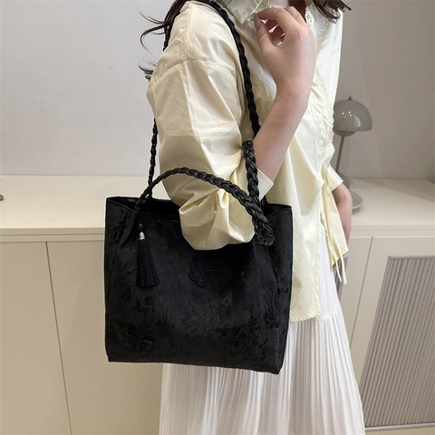Elegante Borsa Tote Vintage da Donna Ricamata in Pizzo con Farfalle Grande Capacità Borsa a Tracolla Jacquard Manico Intrecciato