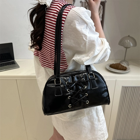 Borsa Tote in Pelle PU da Donna Grande Capacità Con Design a Lacci Corsetto Elegante Borsa a Spalla per il Quotidiano