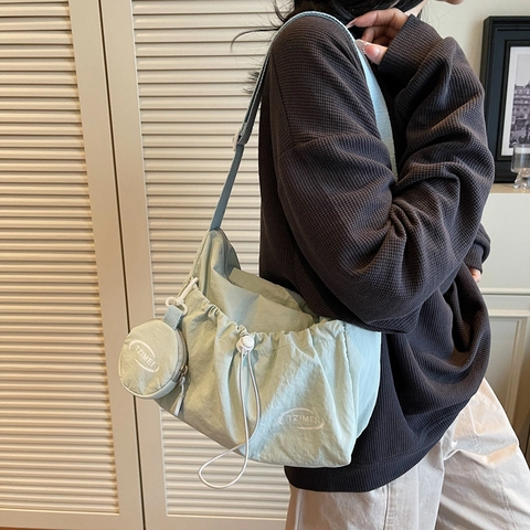 Damen Große Kapazität Schulter Umhängetasche Lässig Stoff Kordelzug Tote Bag Mit Mini Rundem Münzfach Für Den Alltag