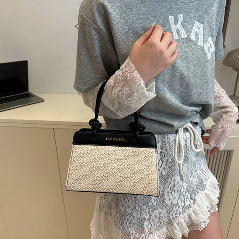 Women Contrast Color Straw Weave Synthetic Leather Small Square Bag Fashion Letter Crossbody Handbag For Vacation Daily Wear