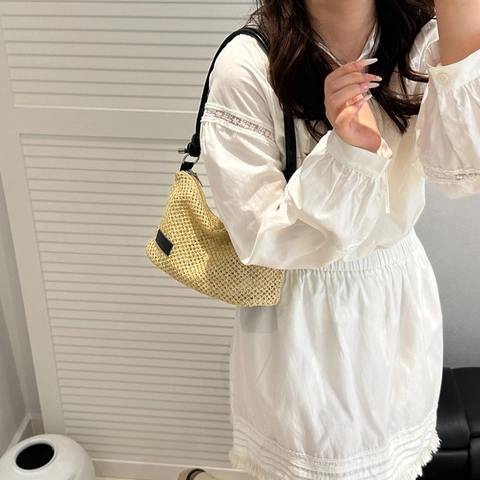 Women Summer Straw Woven Shoulder Bag Casual Small Square Handbag With Synthetic Leather Strap Zipper Crossbody Bag Vacation Beach Daily Accessory