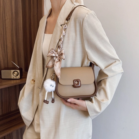 Elegant Women PU Leather Shoulder Crossbody Bag Niche Design Small Square Handbag With Striped Scarf And Plush Pendant For Daily Fashion