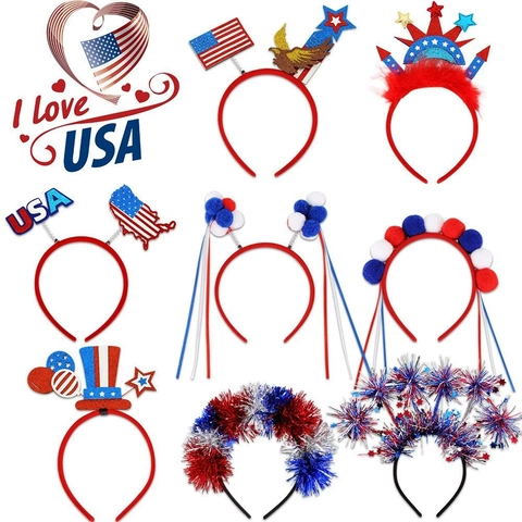 Patriotic USA Independence Day Headband Red White Blue Stars Stripes Glitter Hair Hoop Fourth Of July Party Decorations Headband Bopper