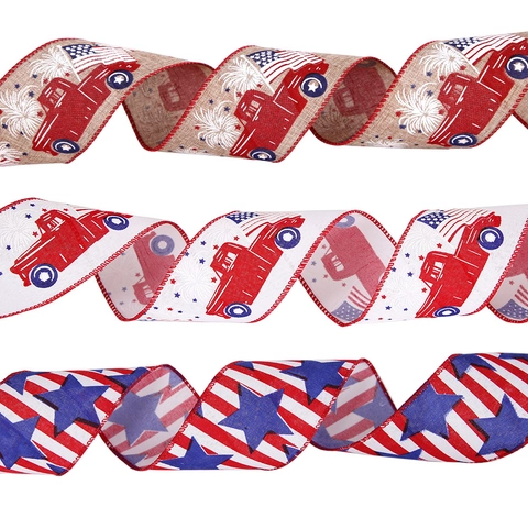 American Flag Patriotic Wired Ribbon For Independence Day July 4th DIY Gift Wrap Burlap Truck Print Party Decoration Craft Ribbon