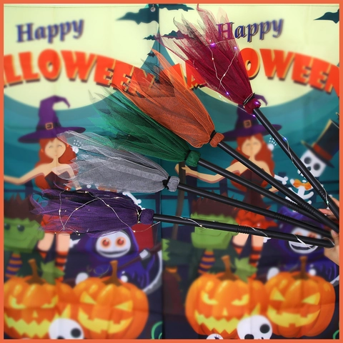 LED Light Up Halloween Witch Broom Mesh Tulle Magic Broomstick For Kids Cosplay Costume Party Decoration Prop Accessory