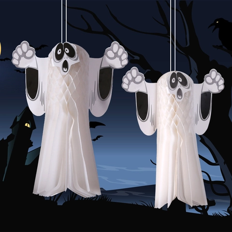 Decorazione Sospesa a Forma di Fantasma in Carta Bianca a Nido d'Ape per Halloween Puntello per Festa Bar Casa Stregata