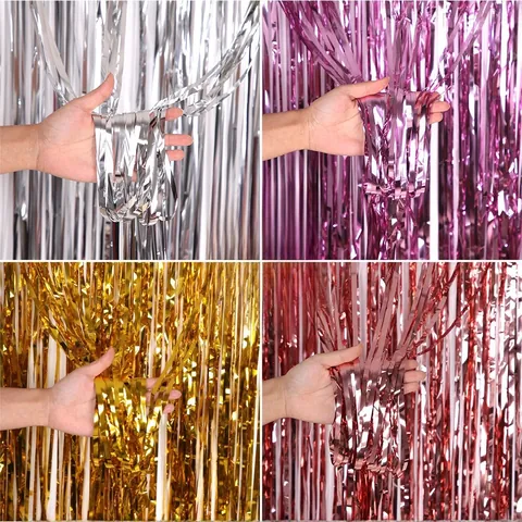 Metallic Foil Tinsel Fringe Curtain Party Decoration Birthday Wedding Background Wall Backdrop Streamer Plain Photo Prop