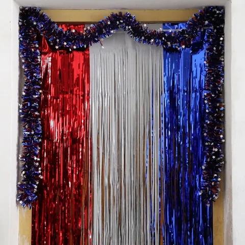 Ghirlanda di Tinsel Patriottica del Giorno dell'Indipendenza Con Stelle Rosso Blu Argento Metallizzato per Decorazione Casa Festa 4 Luglio
