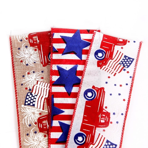 Patriottisch Onafhankelijkheidsdag Jute Lint Met Draadrand Amerikaanse Vlag Ster Vrachtwagen Print Lint Voor DIY Feest Decoratie Thuis