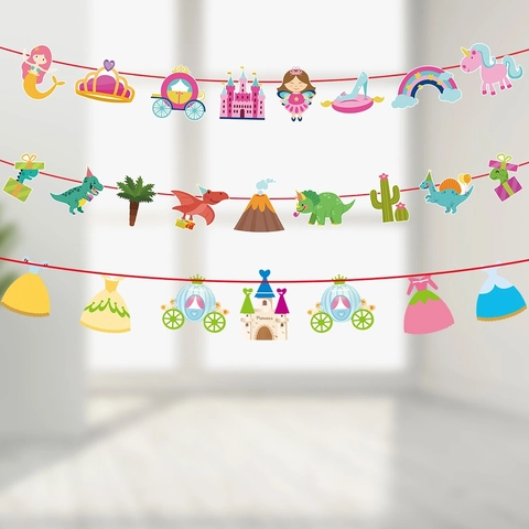 Guirlande de Bannière en Papier de Fête d'Anniversaire de Dessin Animé pour Décoration de Scène de Salle de Classe Dinosaure Princesse Thème Animal Décoration Suspendue