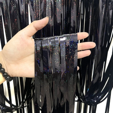 Black Laser Foil Fringe Curtain Party Backdrop Birthday Wedding Decoration PET Tinsel Streamer For Photography Supplies