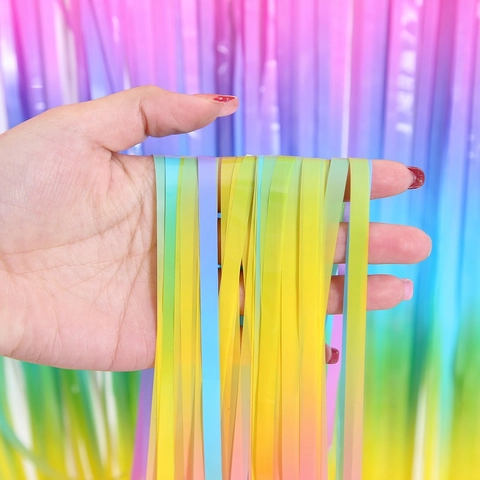 Macaron Rainbow Gradient Foil Fringe Curtain Metallic Tinsel Photo Booth Backdrop For Birthday Wedding Party Decoration