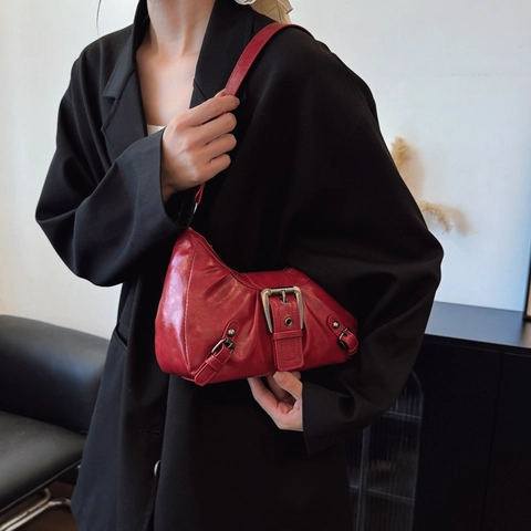 Women Trendy PU Leather Crescent Hobo Bag Retro Y2K Style Shoulder Bag Metal Buckle Pleated Underarm Purse Minimalist Daily Bag