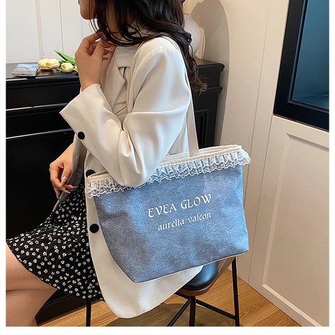 Korean Style Women Lace Denim Tote Bag Sweet Girly Canvas Shoulder Bag Large Capacity Commuter Handbag EVEA GLOW Prints