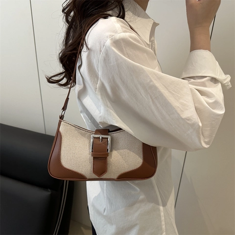 Sac Baguette Vintage Femme en Toile et Cuir Synthétique Patchwork Sac Sous le Bras Bandoulière Avec Boucle Argent Sac à Main Mode