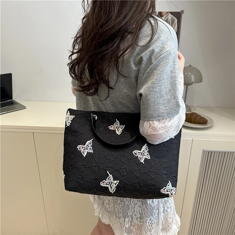 Borsa Tote da Donna alla Moda con Farfalle Ricamate Trapuntata a Rombi Borsa a Spalla Grande Capacità Shopper Quotidiana