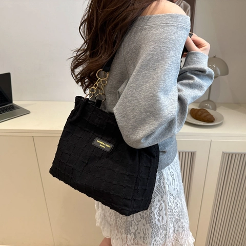 Mode Grote Capaciteit Tweed Tote Bag Voor Dames Zomer Casual Getextureerd Raster Schoudertas Met Metalen Ketting Handtas