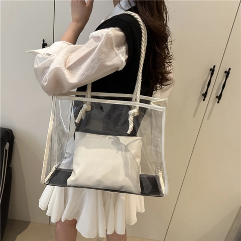 Women Transparent PVC Tote Bag Large Capacity Clear Shoulder Bag With Inner Pouch Cotton Rope Handle Fashion Beach Handbag