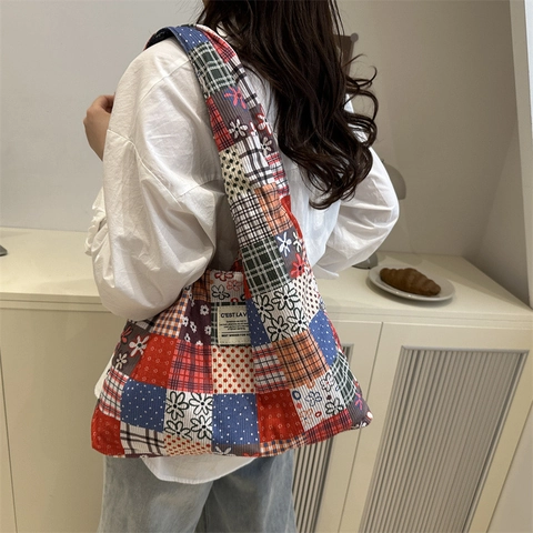 Women's Fashion Large Capacity Canvas Tote Bag Casual Vintage Patchwork Floral Plaid Shoulder Bag Versatile Chic Handbag