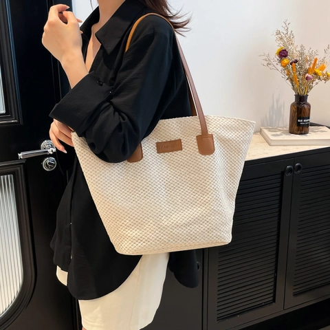 Damen Stroh Tote Bag PU Leder Riemen Große Kapazität Gewebte Strand Handtasche Sommerurlaub Schultertasche Mode Reisetasche