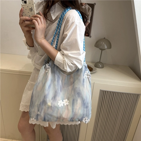 Bolso Tote de Malla Tie Dye de Moda para Mujer Con Flores Bordadas Asas de Cuerda Tejida Bolso de Hombro de Gran Capacidad