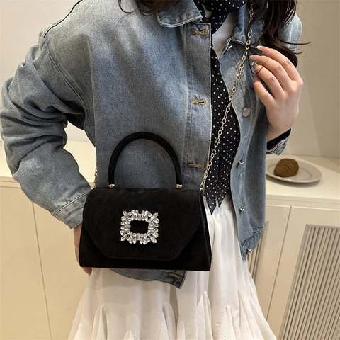 Luxury Women Suede Rhinestone Square Buckle Shoulder Bag Fashion Casual Crossbody Handbag With Chain Strap Handle Bag