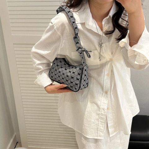 Borsa Hobo in Gingham Vintage Coreano da Donna Con Fiocco Tracolla Arricciata Piccola Borsa a Spalla Sottobraccio per Moda Quotidiana