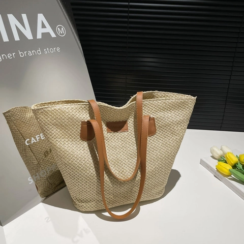 Damen Mode Stroh Gewebte Tragetasche Große Kapazität Strand Schultertasche Mit PU Leder Griff Einfache Lässige Handtasche