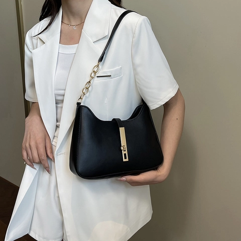 Women PU Leather Hobo Underarm Bag Minimalist Solid Color Shoulder Bag With Gold Metal Buckle Chain Strap Commuting Square Bag