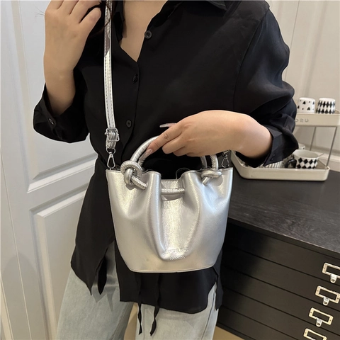 Women Trendy PU Leather Bucket Bag Minimalist Knot Handle Shoulder Crossbody Bag Fashion Street Style Small Purse