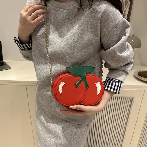 Niche Ontwerp Kersvormige Dames Schoudertas Mode PU Leer Crossbody Tas Met Gouden Ketting Schattige Fruit Ronde Portemonnee
