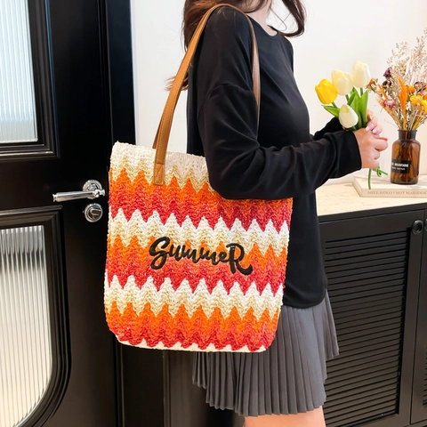 Borsa Tote in Paglia Intrecciata Estiva da Donna Motivo a Zigzag Lettera Ricamata Grande Capacità Spiaggia Borsa a Spalla