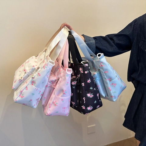 Τσάντα Tote Floral Style Mori για Γυναίκες Μεγάλης Χωρητικότητας Τσάντα Ώμου Με Εκτύπωση Φιόγκου από Νάιλον Καμβά