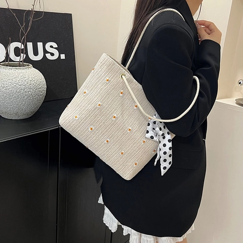 Borsa Tote in Paglia Intrecciata Estiva Donna Ricamo Margherita Borsa a Spalla Con Fiocco in Raso a Pois Borsa da Spiaggia