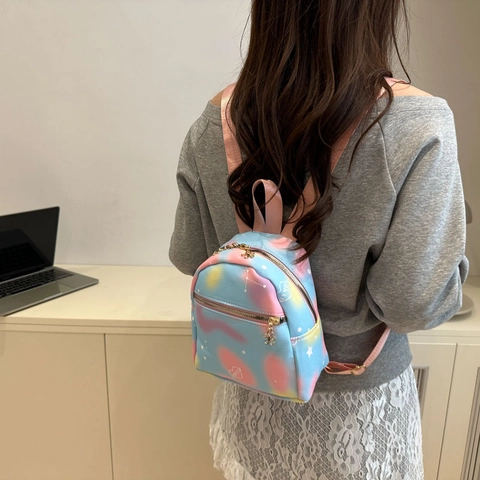 Women Mini Fashion Backpack Tie Dye Galaxy Heart Print Small Travel Daypack With Golden Flower Zipper
