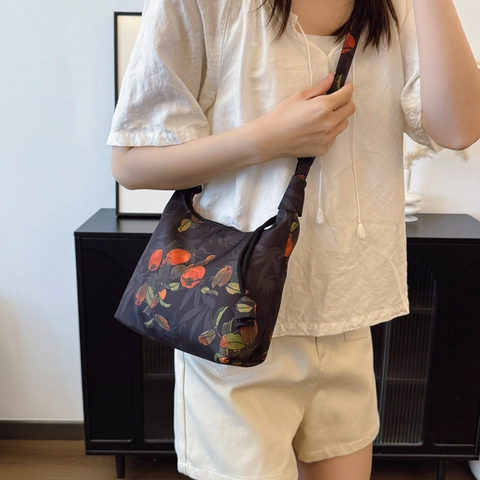 Νέο κινεζικό στυλ Floral Print Canvas Handbag Γυναικεία Μόδα Ρετρό Βοτανικό Μοτίβο Crossbody Τσάντα Με Ρυθμιζόμενο Λουράκι