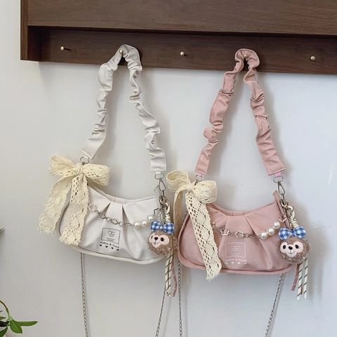 Borsa a Tracolla da Donna alla Moda Arricciata in Pelle PU Cloud Bag con Catena di Perle Fiocco in Pizzo Borsa Sottobraccio