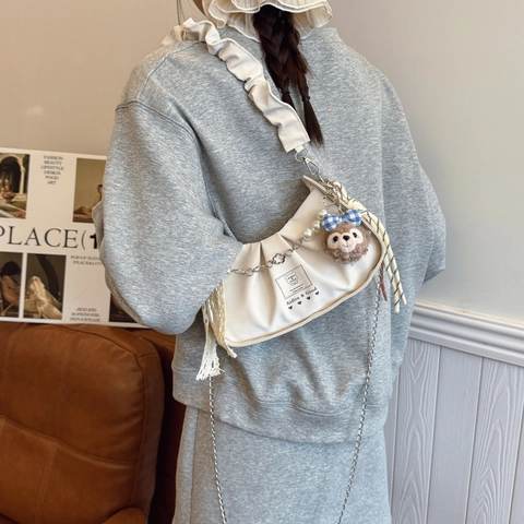 Borsa a Tracolla da Donna alla Moda Arricciata in Pelle PU Cloud Bag con Catena di Perle Fiocco in Pizzo Borsa Sottobraccio