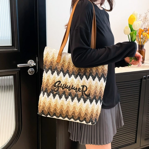 Bolso Tote de Paja Tejida de Gran Capacidad para Mujer Patrón de Zigzag Bordado de Letras Summer Bolso de Hombro Playa