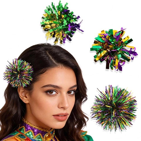 Mardi Gras Carnival Metallic Foil Pom Pom Hair Clips Purple Green Gold Fleur-de-lis Tassel Hair Accessory For Party Women