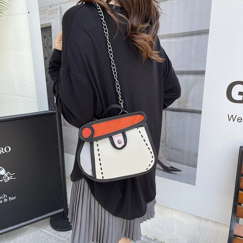 Women's 2D Comic Style Shoulder Bag Polyester Cartoon Crossbody Handbag With Metal Chain Fashion Small Square Bag For Daily
