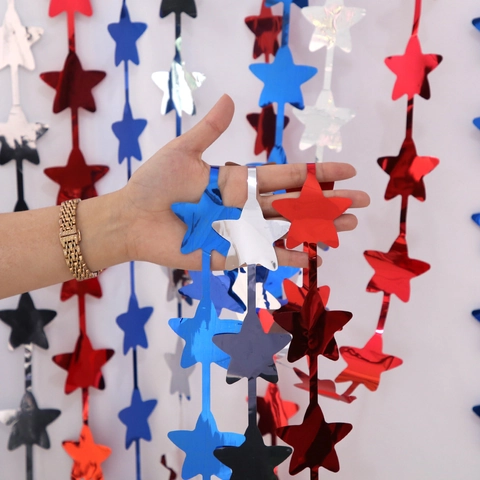 Independence Day Star Foil Fringe Curtain Red White Blue Metallic Star Tinsel Backdrop For Party Event Door Decoration