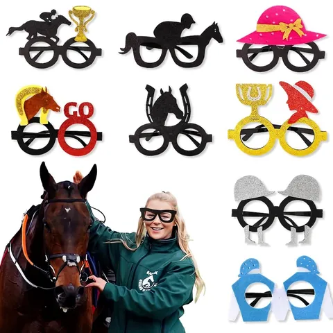 Occhiali da Festa a Tema Corse di Cavalli Glitter in Plastica Kentucky Derby Festival Accessori Foto Trofeo Cavallo Jockey Costume