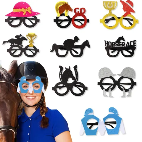 Occhiali da Festa a Tema Corse di Cavalli Glitter in Plastica Kentucky Derby Festival Accessori Foto Trofeo Cavallo Jockey Costume